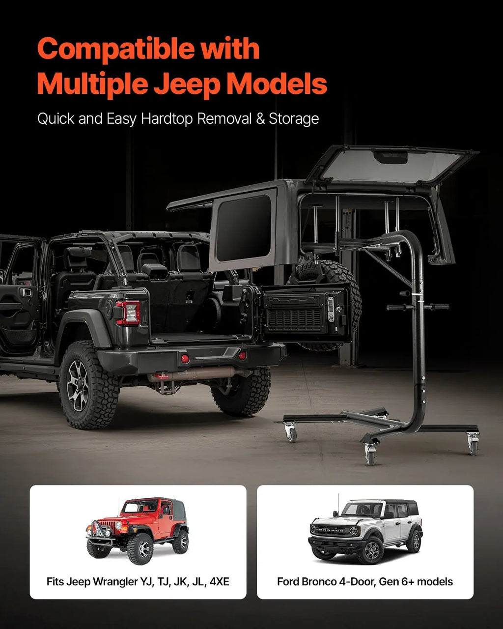 Hard Top Remover Lift, 200 lbs, Jeep Hardtop Removal and Storage System, Easy One-Person Operation, Compatible with Jeep Wranglers 2 & 4 Door YJ, TJ, JK, JL & 4XE and Ford Bronco 4 Door & 6 Gen+ NestLinkStore