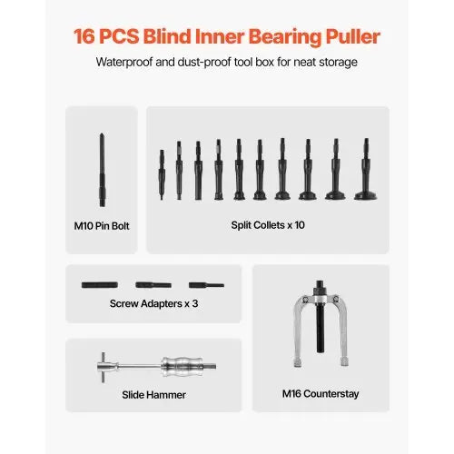 Blind Hole Bearing Puller Set, 16-in-1 Inner Bearing Race and Seal Extractor Kit, 16 PCS Slide Hammer Pilot Insert Inner Internal Bearing Removal Tool Set with 10 Split Collets and Counterstay NestLinkStore